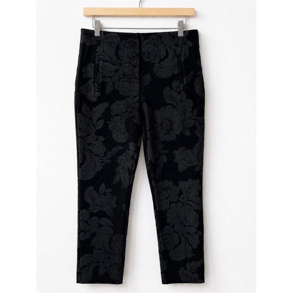 Chico’s Black Floral Jacquard Stretch Slim Ankle Pants sz S Dark Romantic